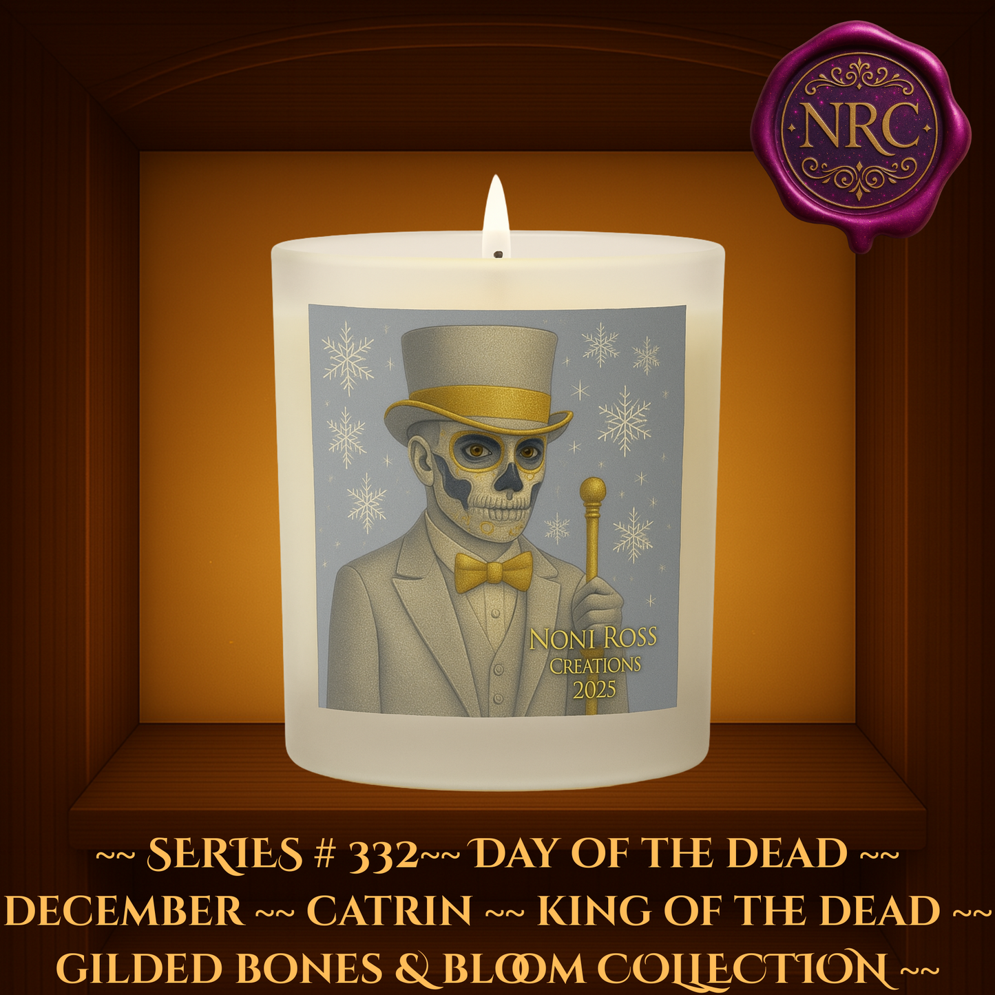 Series #332 December Day of the Dead Catrin Candle featuring skeletal face with red and white sugar skull designs, black and crimson attire, and frosty stars by Noni Ross Creations