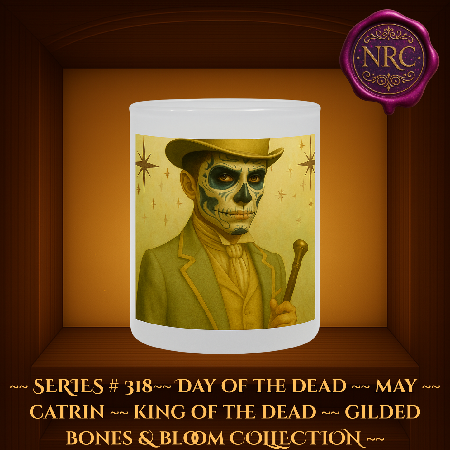 Series #318 May Day of the Dead Catrin Candle featuring skeletal face with teal details, golden suit, and radiant gold background with stars by Noni Ross Creations