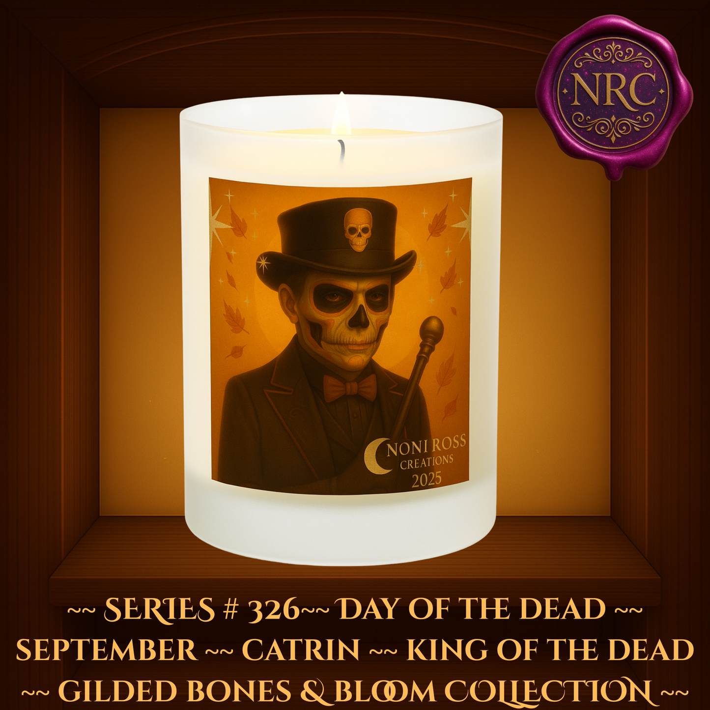 Series #326 September Day of the Dead Catrin Candle featuring skeletal face, black and bronze attire, skull cane, falling autumn leaves, and golden stars by Noni Ross Creations.