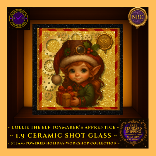 Close-up of Steam-Powered Girl Elf artwork on 1.9oz ceramic shot glass inside NRC cubby, showcasing her festive outfit, gears, and glowing holiday background.