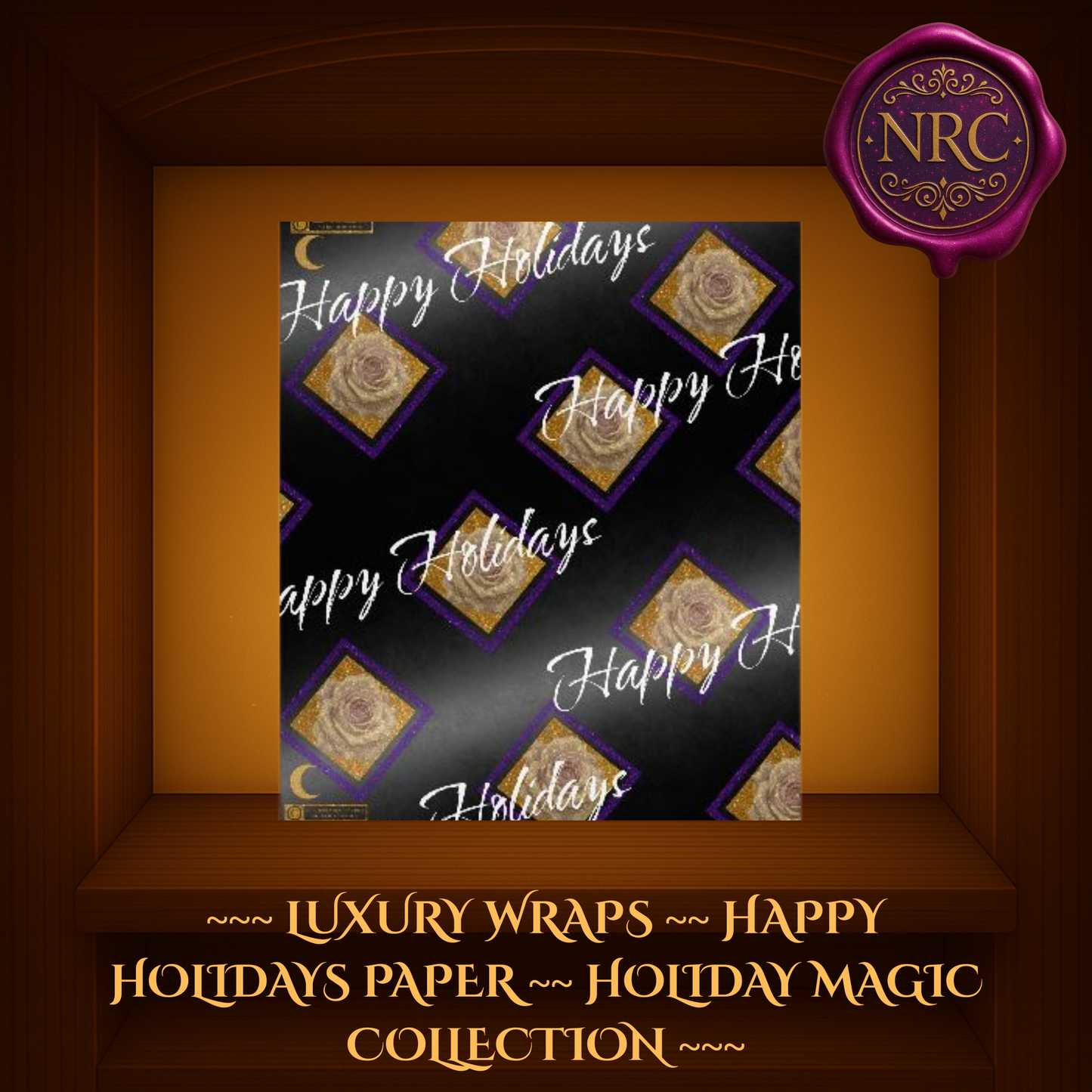 Elegant “Happy Holidays” Black Luxe Wrapping Paper featuring diagonal gold roses with purple borders on black satin background and white script by Noni Ross Creations
