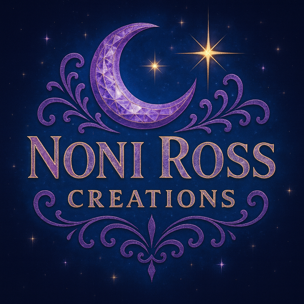Noni Ross Creations logo featuring a shimmering purple crescent moon with gold-trimmed stars on a midnight blue starry background.