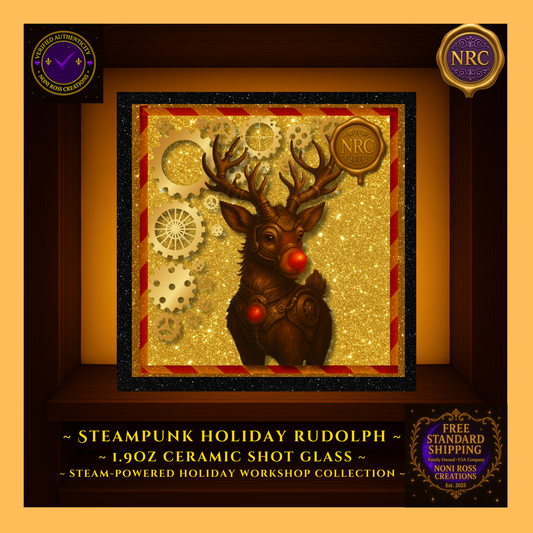 Close-up of Steampunk Rudolph rocks glass featuring detailed red-nosed reindeer artwork surrounded by metallic gold gears; clear glass with shimmering light reflections — by Noni Ross Creations.