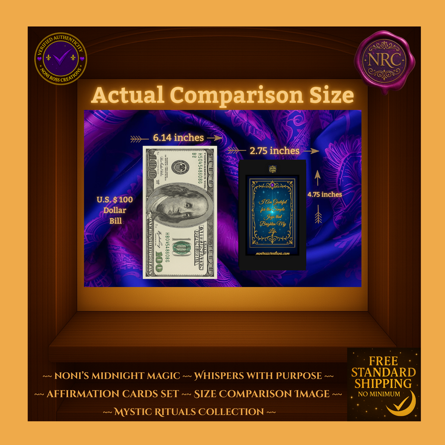 Size comparison image of Noni’s Midnight Magic – Whispers With Purpose affirmation card beside a U.S. $100 bill, showing card dimensions of 2.75 by 4.75 inches.