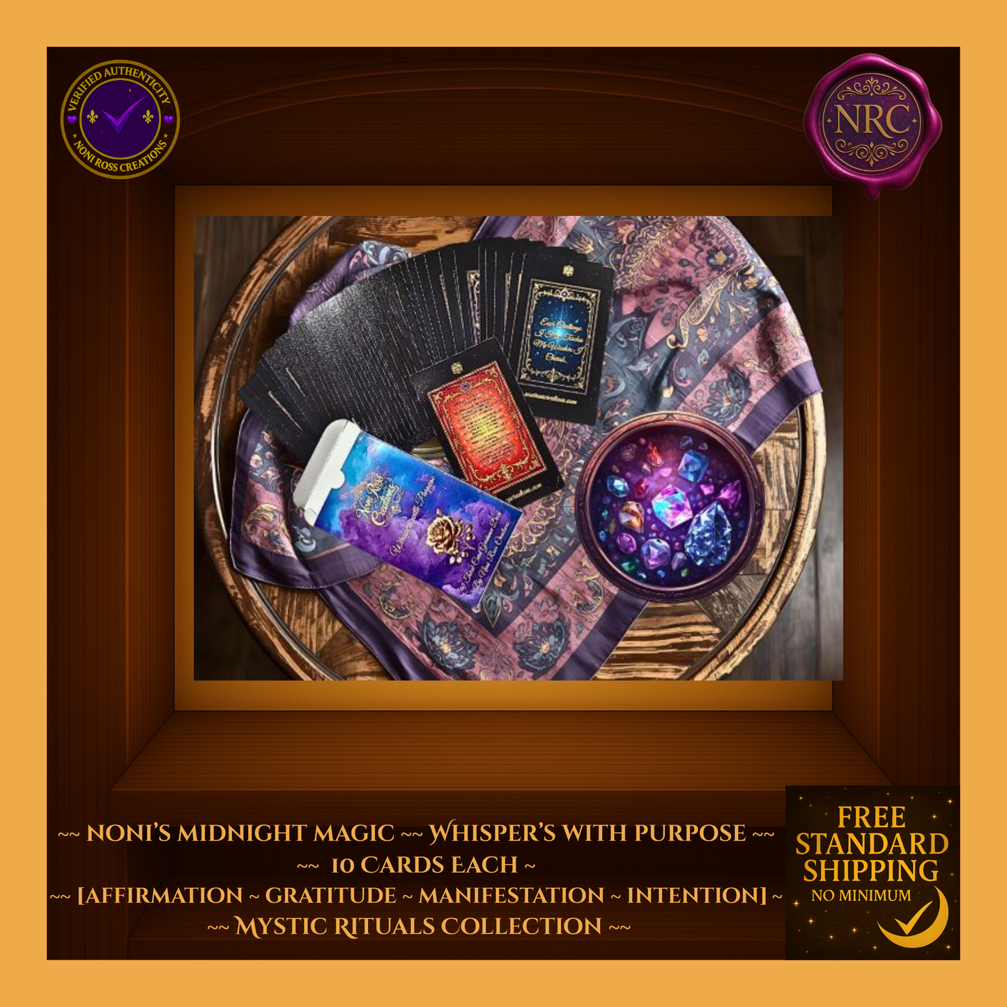 Lifestyle photo of Noni’s Midnight Magic – Whispers With Purpose affirmation cards fanned out on a rustic wooden table with mystical scarf and gem bowl.