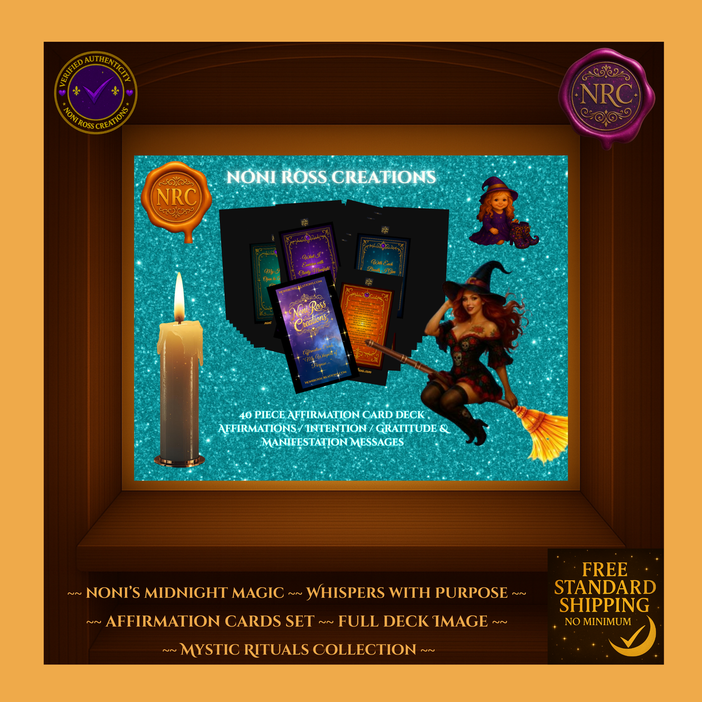 Second full deck display of Noni’s Midnight Magic – Whispers With Purpose affirmation cards with Noni the Witch character and magical background.