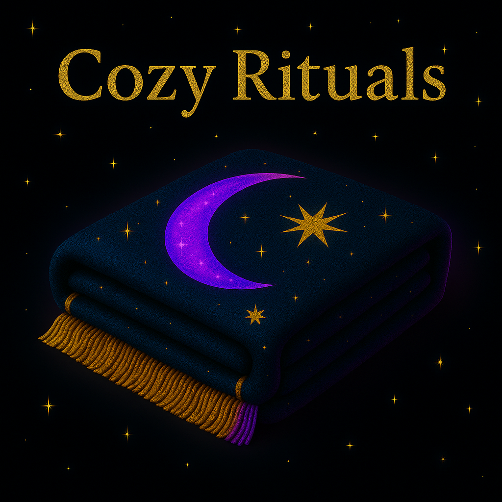Banner for The Cozy Ritual Collection by Noni Ross Creations, featuring a folded woven blanket with celestial patterns in a dreamy, softly lit atmosphere.