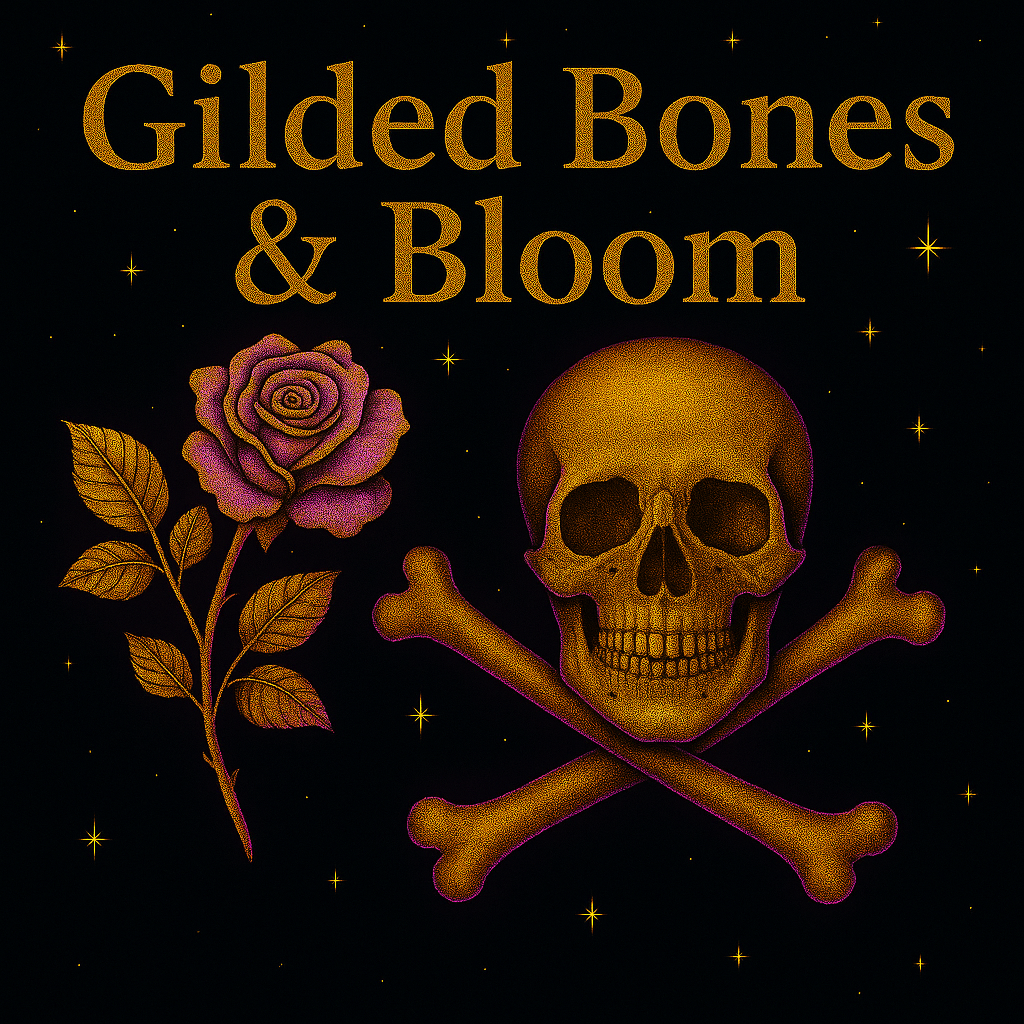 Elegant gold skull and blooming rose design on midnight sky background for The Gilded Bones & Bloom Collection by Noni Ross Creations – gothic floral fusion theme.