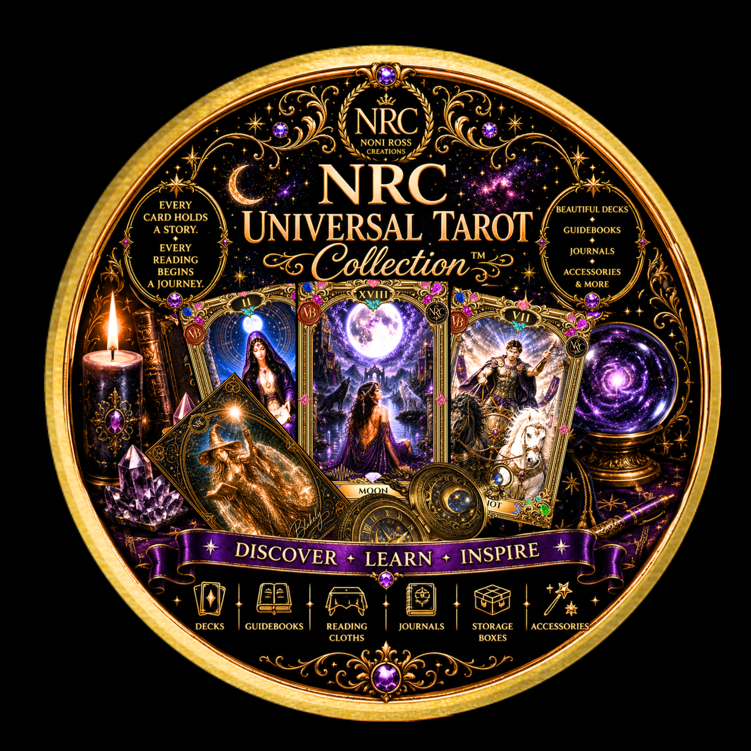 NRC Universal Tarot Collection badge featuring an ornate gold circular emblem with three mystical tarot cards, a premium tarot deck, crystal ball, brass compass, crystals, candle, celestial artwork, and magical accessories by Noni Ross Creations.