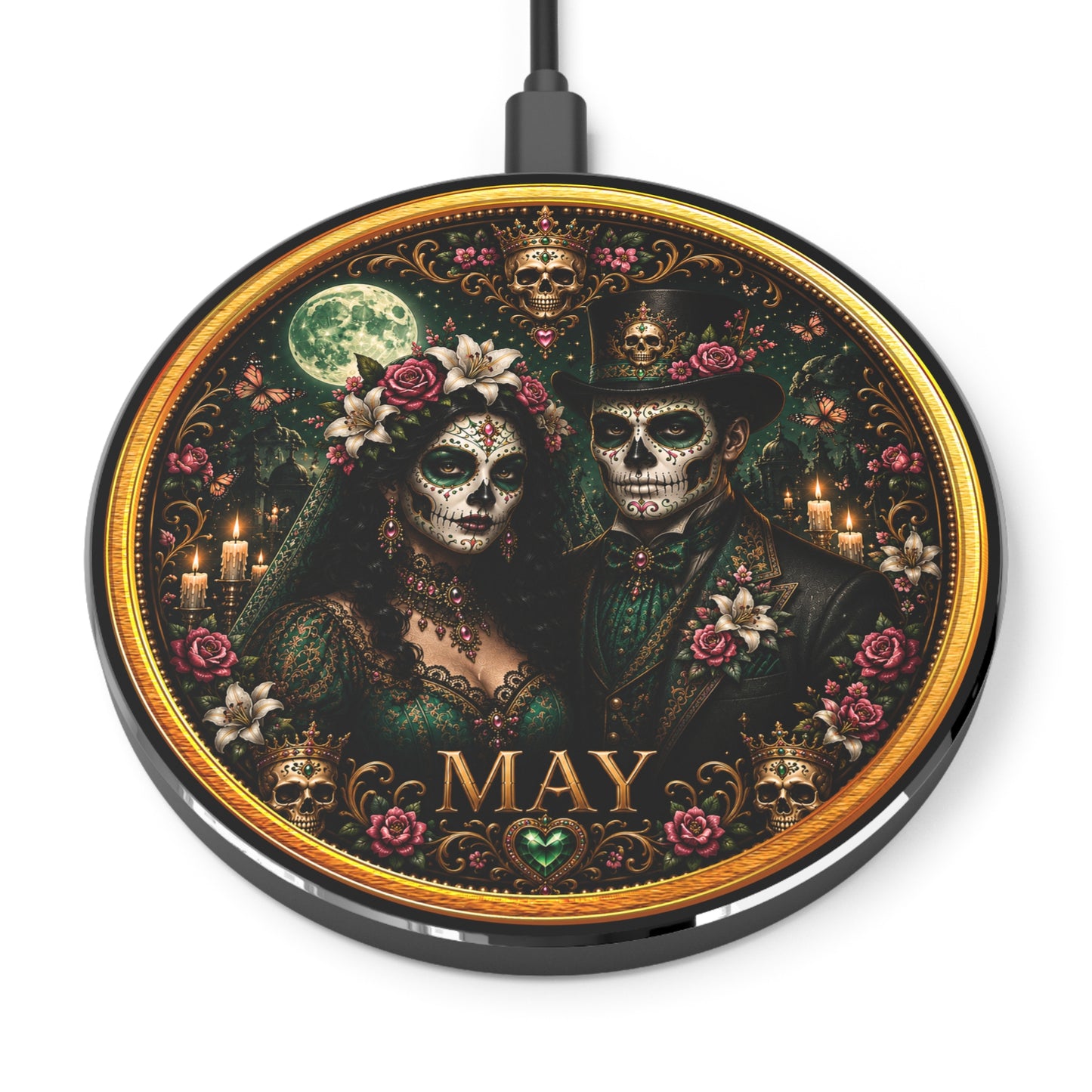 Eternal Royals May Wireless Charger | Gothic Skeleton Couple Qi Charging Pad | Dark Fantasy Desk Decor | Celestial Phone Charger