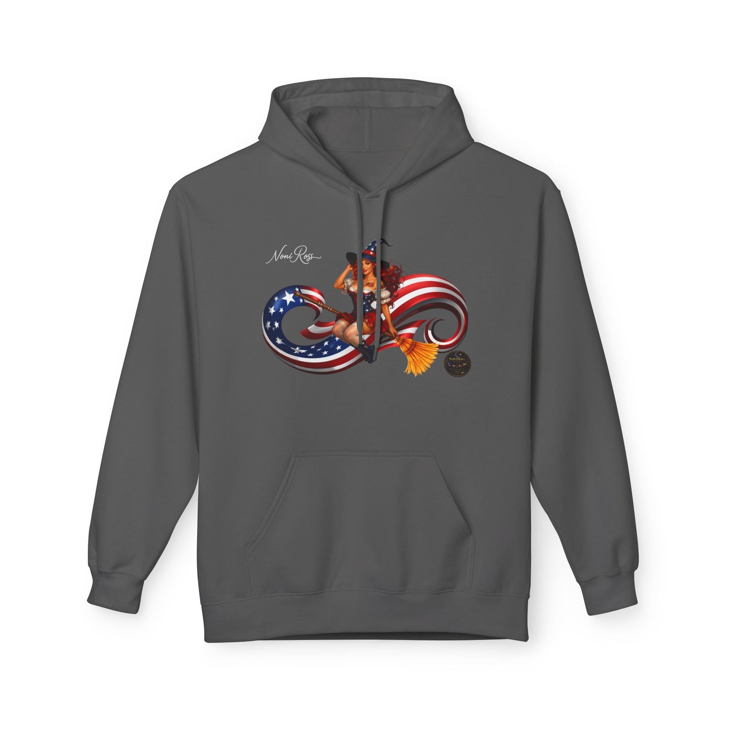Patriotic Witch Infinity Flag Hoodie – Vintage Pinup Fleece Pullover | Noni Ross Creations