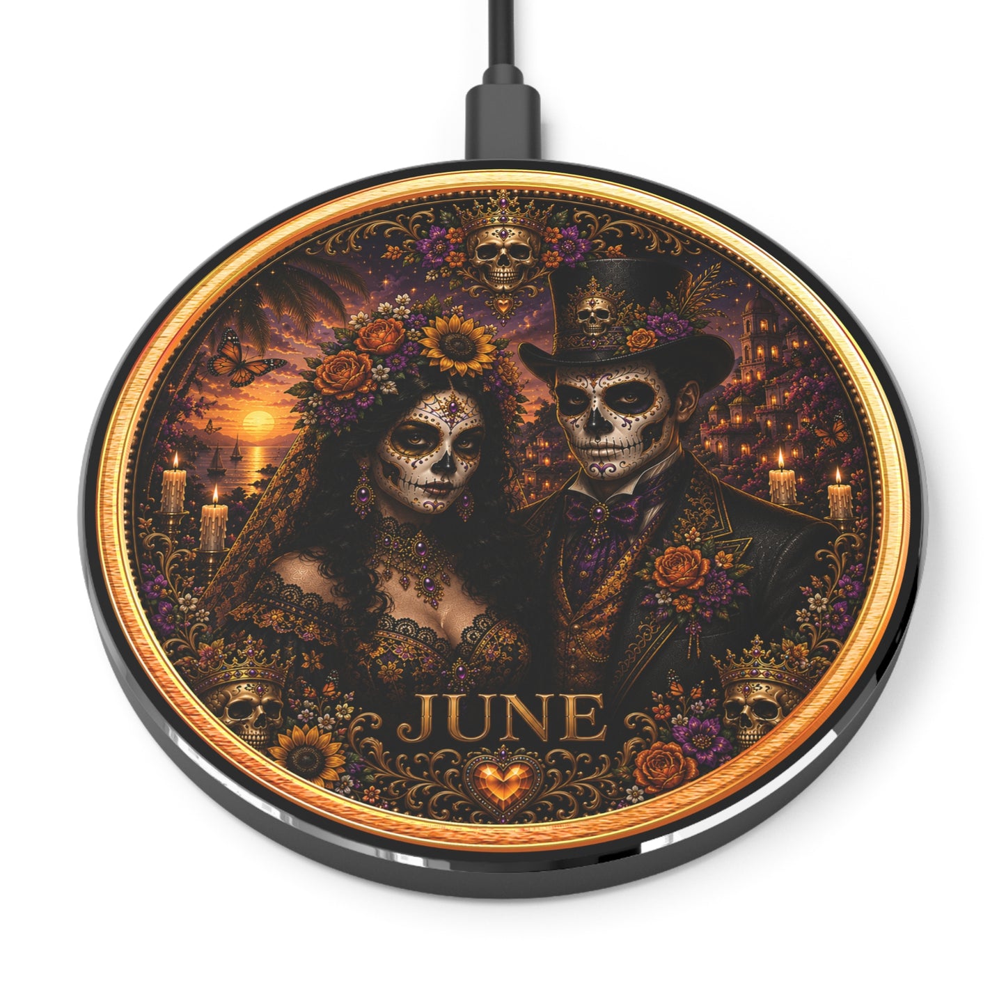 Eternal Royals June Wireless Charger | Gothic Skeleton Couple Qi Charging Pad | Dark Fantasy Desk Decor | Celestial Phone Charger