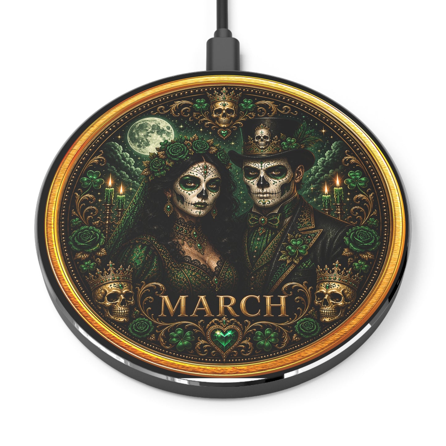 Eternal Royals March Wireless Charger | Gothic Skeleton Couple Qi Charging Pad | Dark Fantasy Desk Decor | Celestial Phone Charger