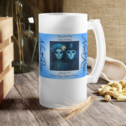 January Day of the Dead Couple Frosted Beer Stein 16oz – Blue Catrin & Catrina Vintage Keepsake Mug | Noni Ross Creations
