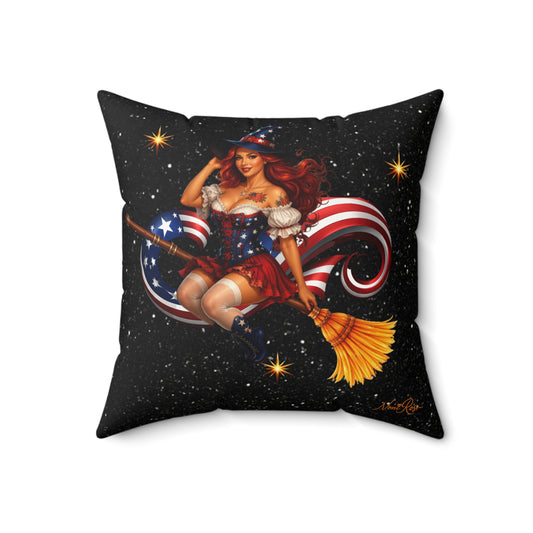 Patriotic Witch Pillow 16x16 Black Star Accent | Noni Ross Creations