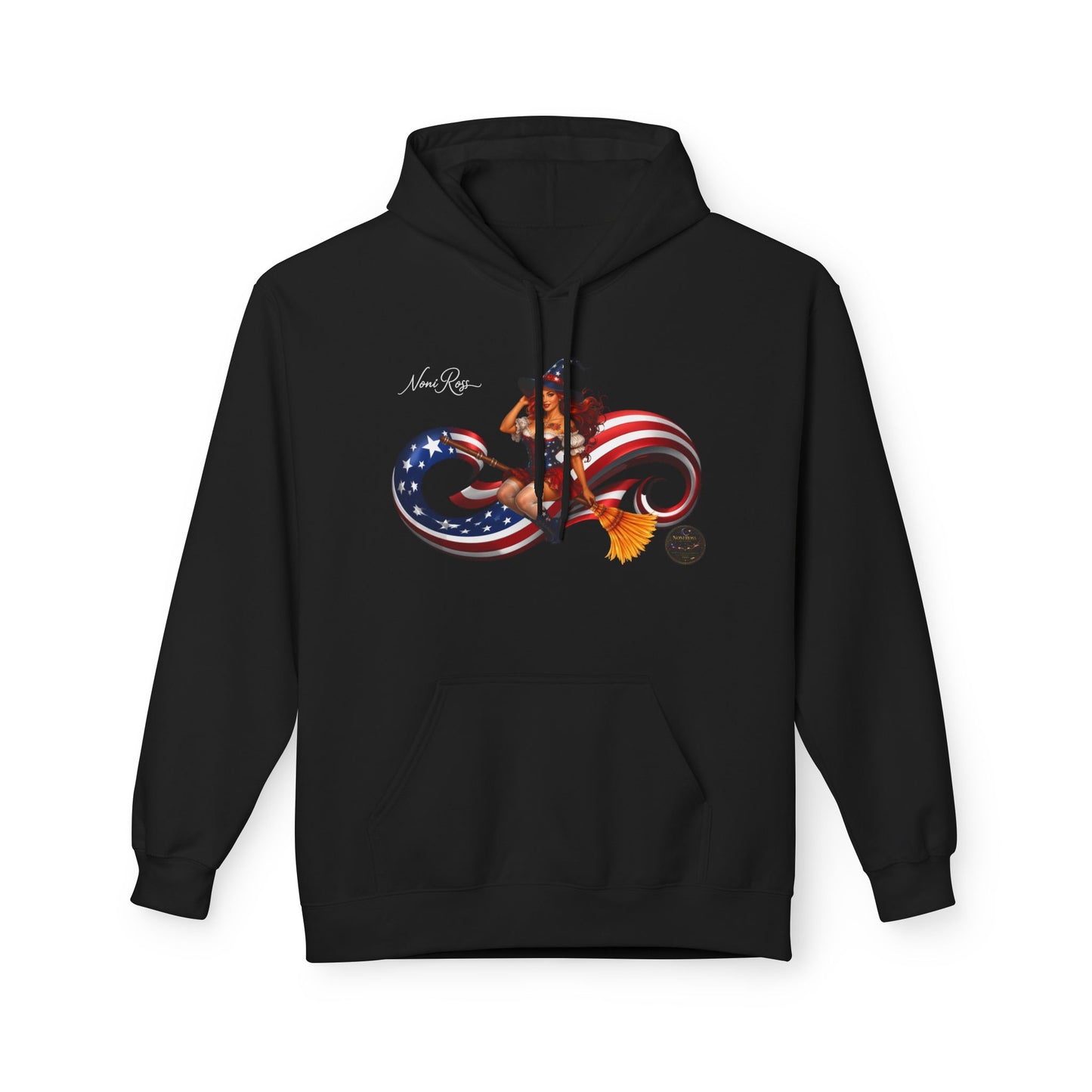 Patriotic Witch Infinity Flag Hoodie – Vintage Pinup Fleece Pullover | Noni Ross Creations