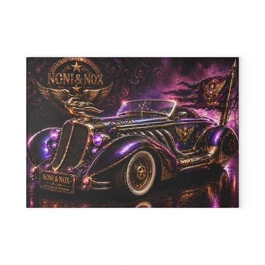 Classic Purple Retro Car Glass Cutting Board — Vintage Convertible Kitchen Decor