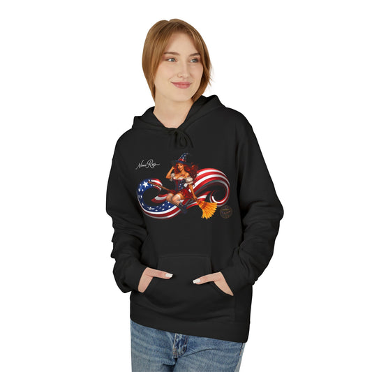 Patriotic Witch Infinity Flag Hoodie – Vintage Pinup Fleece Pullover | Noni Ross Creations