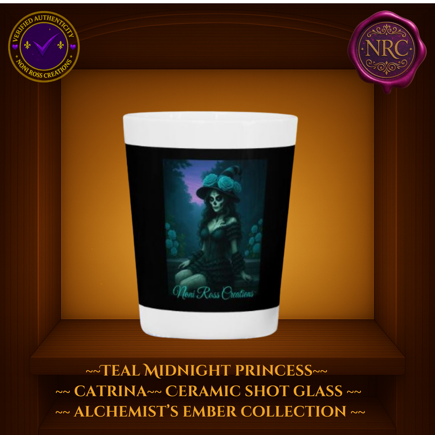 Midnight Teal Catrina Princess Shot Glass by Noni Ross Creations