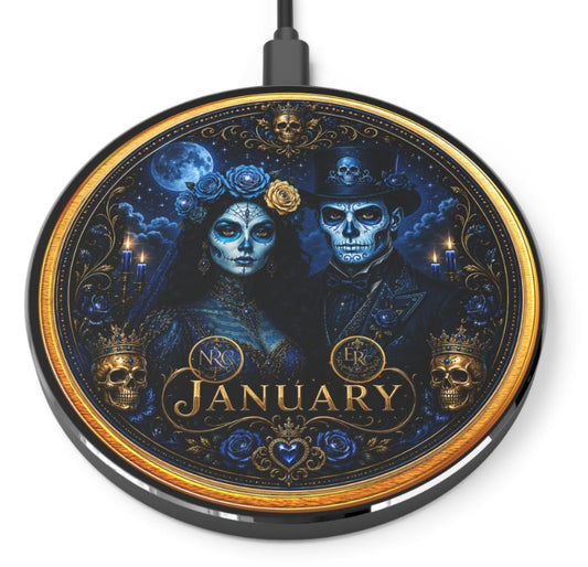 Eternal Royals January Wireless Charger | Gothic Skeleton Couple Qi Charging Pad | Dark Fantasy Desk Decor | Celestial Phone Charger