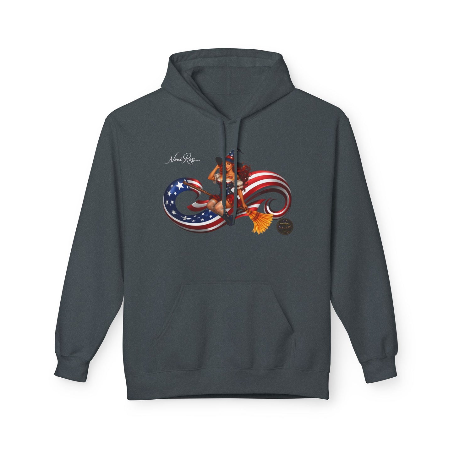 Patriotic Witch Infinity Flag Hoodie – Vintage Pinup Fleece Pullover | Noni Ross Creations