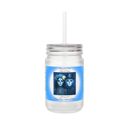 January Day of the Dead Couple Frosted Mason Jar 12oz with Lid & Straw – Blue Catrin & Catrina Drink Glass | Noni Ross Creations