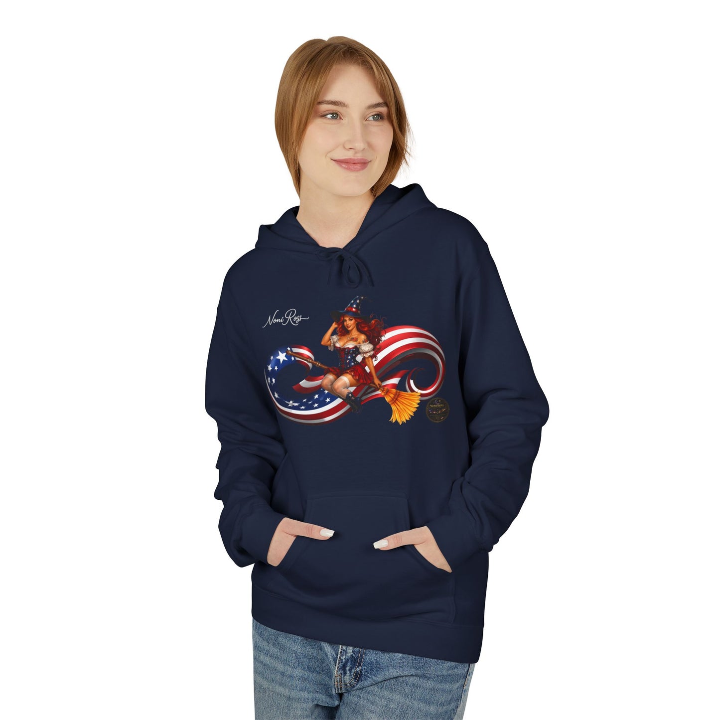Patriotic Witch Infinity Flag Hoodie – Vintage Pinup Fleece Pullover | Noni Ross Creations