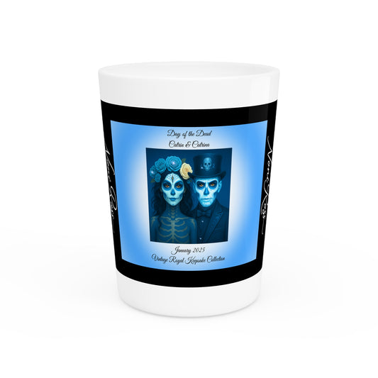 January Day of the Dead Couple Ceramic Shot Glass 1.9oz – Blue Catrin & Catrina Keepsake (Black or White Interior) | Noni Ross Creations