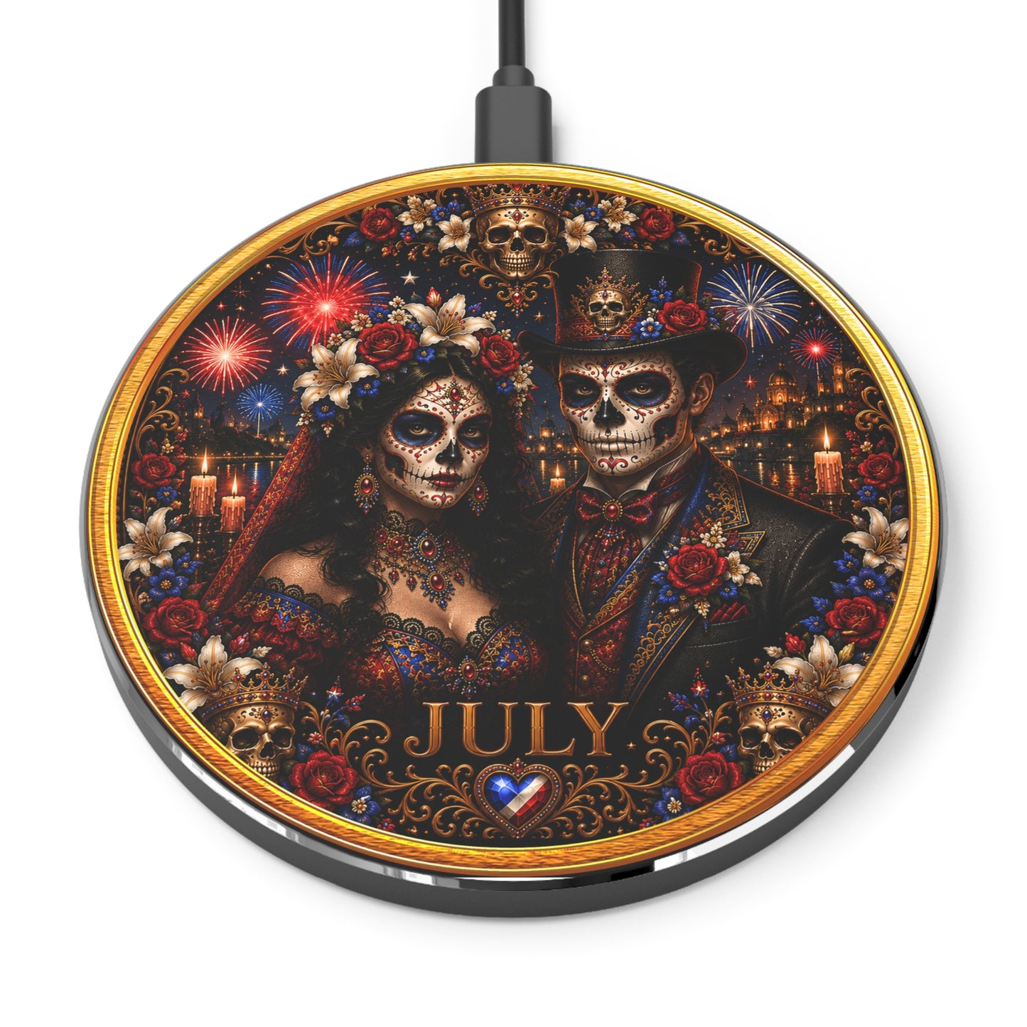 Eternal Royals July Wireless Charger | Gothic Skeleton Couple Qi Charging Pad | Dark Fantasy Desk Decor | Celestial Phone Charger
