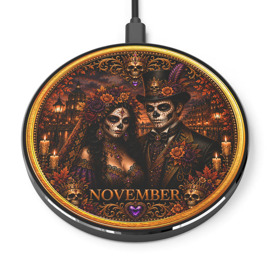 Eternal Royals November Wireless Charger | Gothic Skeleton Couple Qi Charging Pad | Dark Fantasy Desk Decor | Celestial Phone Charger