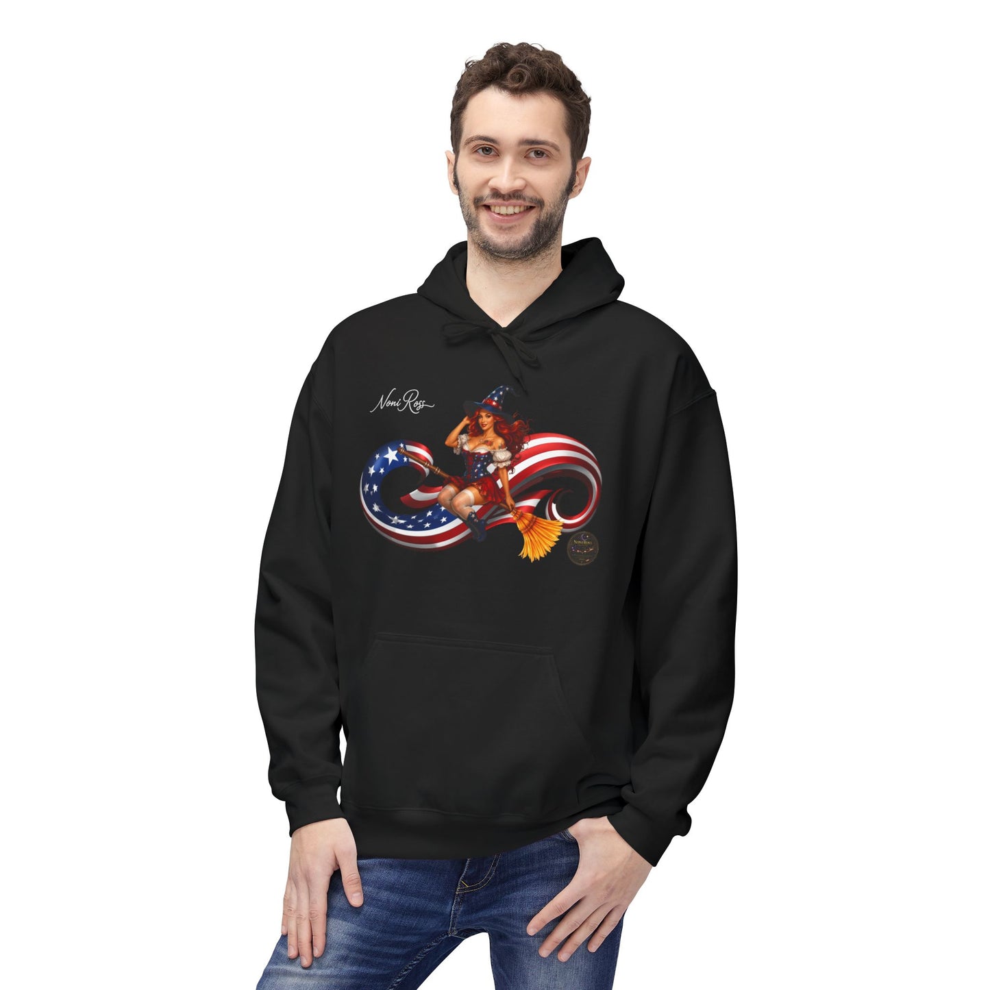 Patriotic Witch Infinity Flag Hoodie – Vintage Pinup Fleece Pullover | Noni Ross Creations