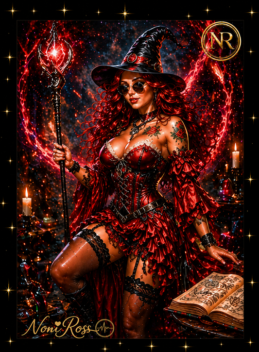Crimson Spellcaster witch artwork by Noni Ross featuring a red-haired sorceress in a glowing ruby corset holding a magical staff, surrounded by fiery energy, candles, and celestial magic symbols