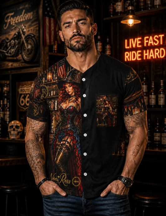 Male model wearing Noni Limited Independence Jersey 2026 front view with bold patriotic steampunk artwork, black and gold button-up jersey with detailed character design