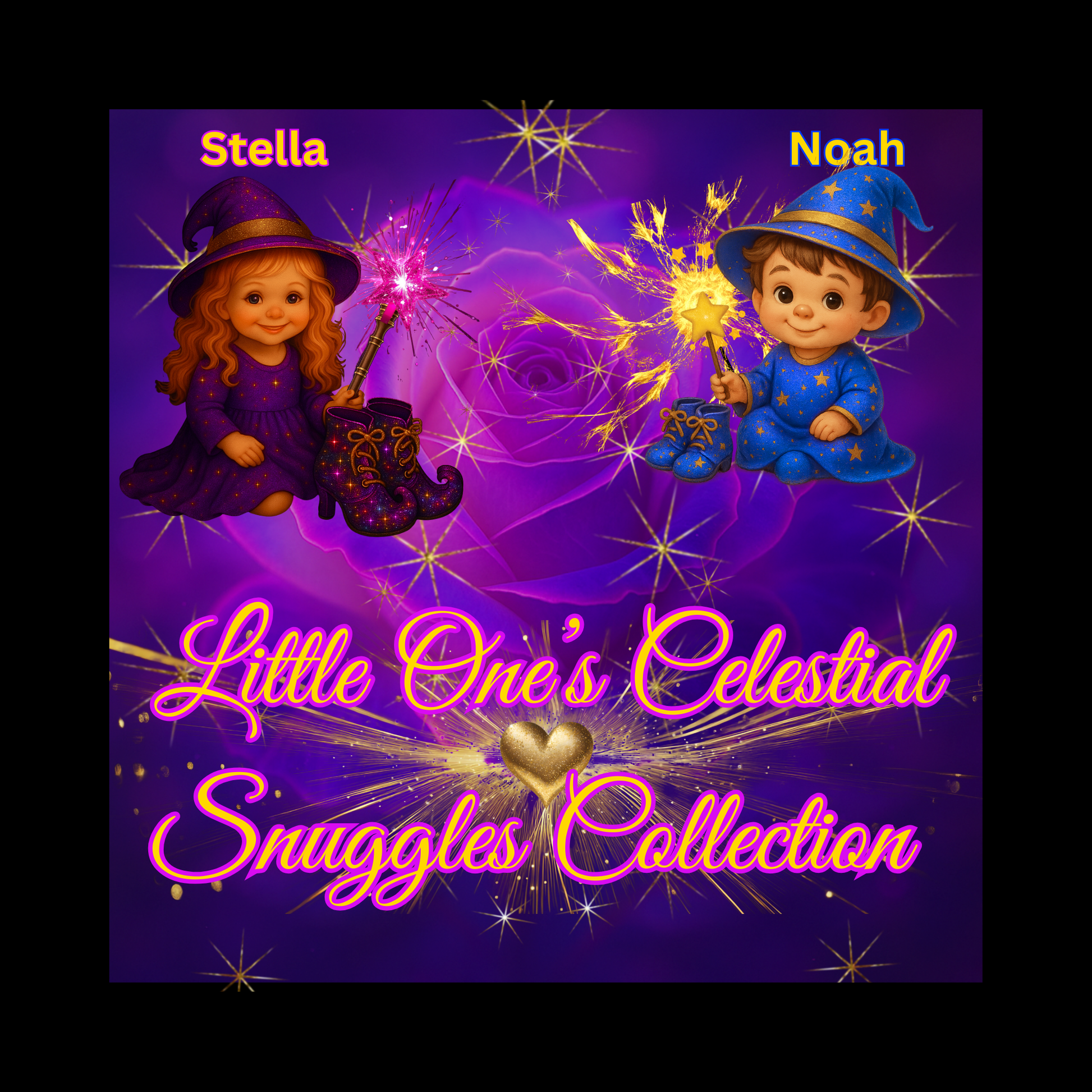 Little One’s Celestial Snuggles Collection badge featuring baby witch Stella in purple and baby wizard Noah in blue, each holding sparkling wands over a glowing purple rose background with golden starbursts and pink-gold script text — Noni Ross Creations