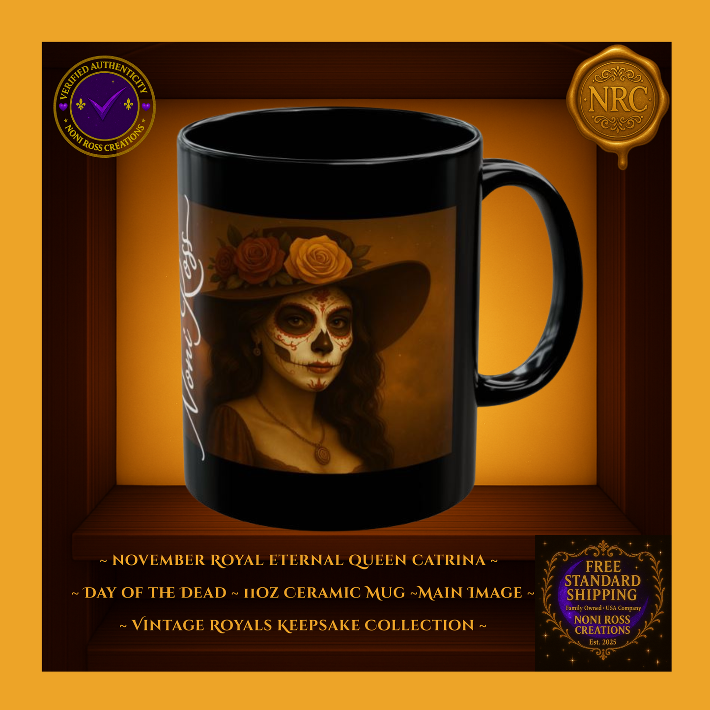 “November Catrina Mug 11oz with vintage royal styling in autumn amber and gold—elegant Día de los Muertos portrait, glossy black ceramic | Noni Ross Creations