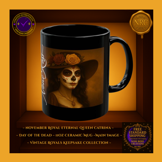 “November Catrina Mug 11oz with vintage royal styling in autumn amber and gold—elegant Día de los Muertos portrait, glossy black ceramic | Noni Ross Creations