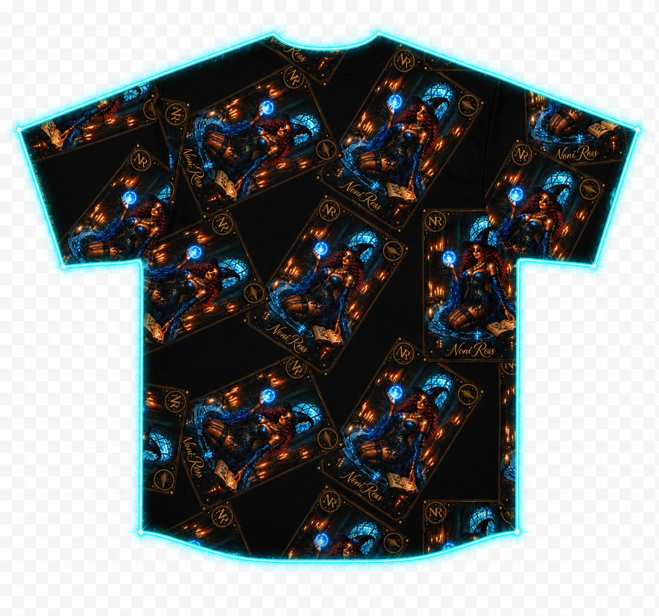 Electric blue spellcaster jersey back flat with glowing teal outline, repeating gothic witch pattern and celestial all-over print, Noni Ross Creations apparel