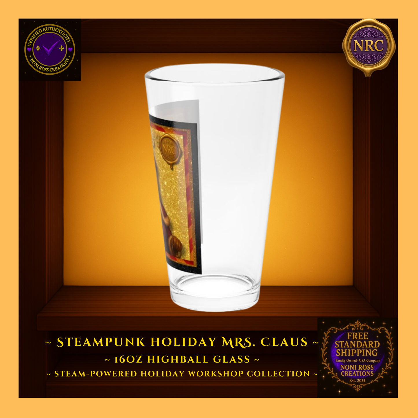 Right-side profile of 16oz Mrs. Claus highball highlighting design seam and festive red-gold tones.