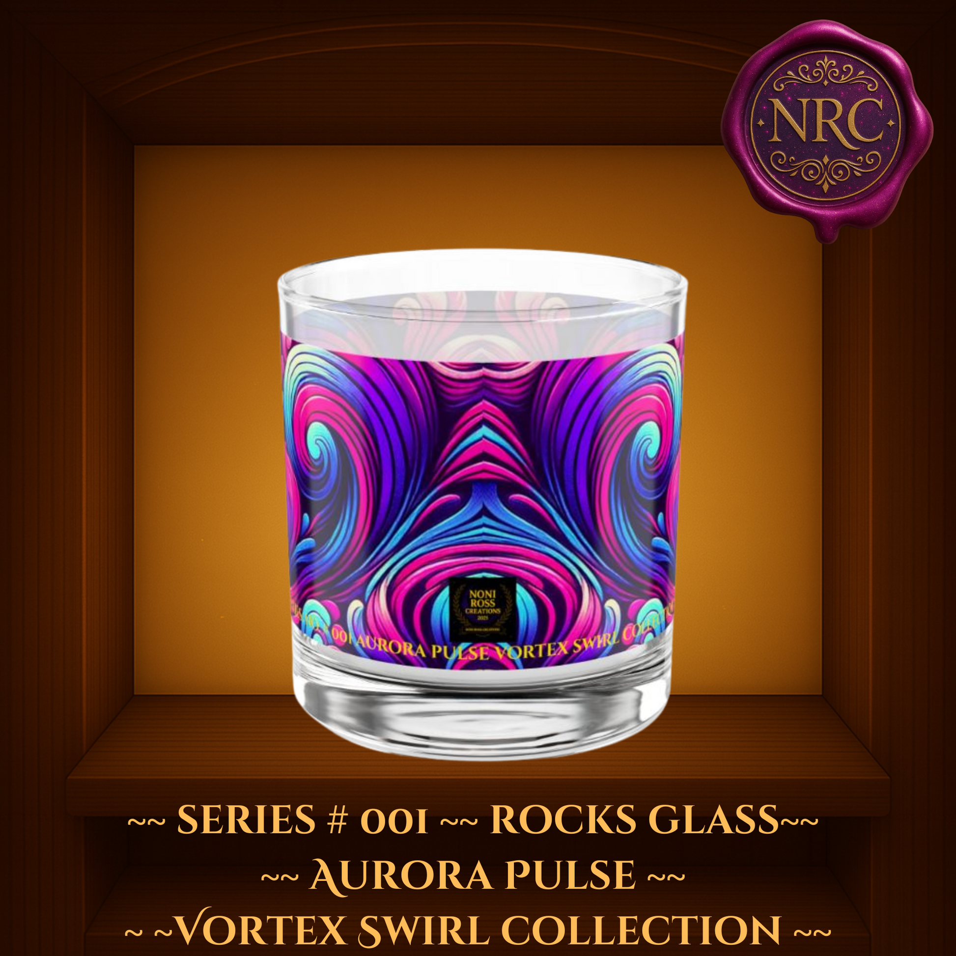 Series #001 Aurora Pulse Vortex Swirl Collection rocks glass featuring bold swirling teal, magenta, and indigo vortex design by Noni Ross Creations