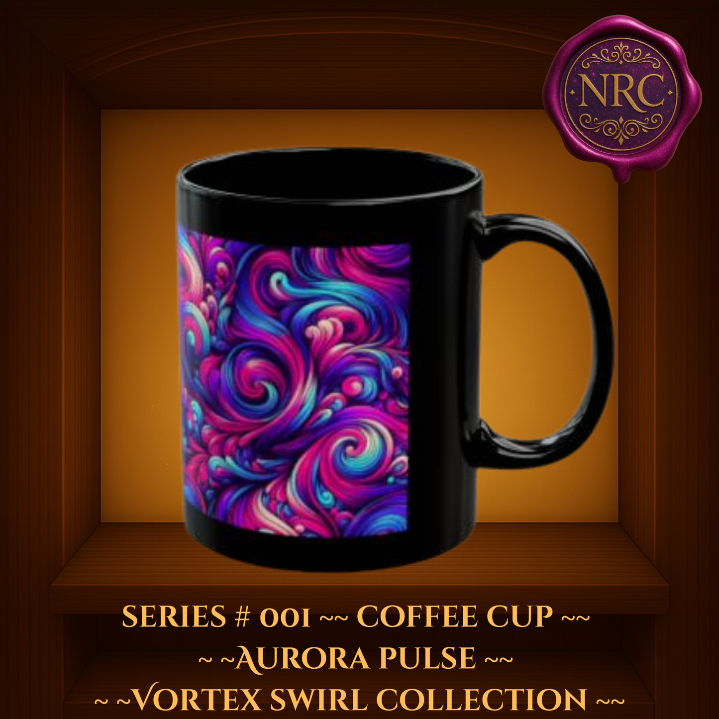 Black ceramic coffee mug with abstract pink, purple, and teal swirl design from the Aurora Pulse Series by Noni Ross Creations.