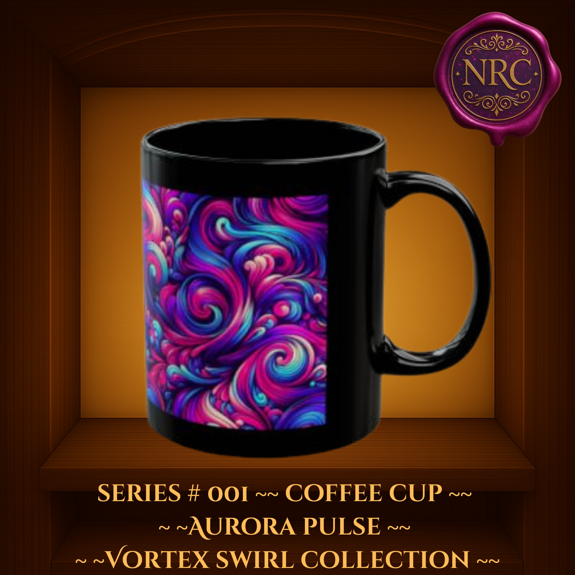 Black ceramic coffee mug with abstract pink, purple, and teal swirl design from the Aurora Pulse Series by Noni Ross Creations.