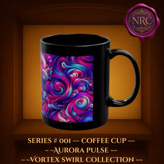 Black ceramic coffee mug with abstract pink, purple, and teal swirl design from the Aurora Pulse Series by Noni Ross Creations.