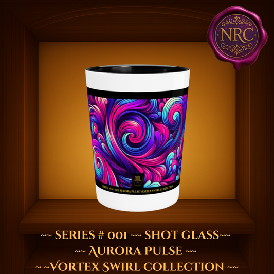 Detailed close-up of Series #001 Aurora Pulse Vortex Swirl mug’s vivid teal and magenta vortex pattern showing intense swirling colors and crystalline highlights