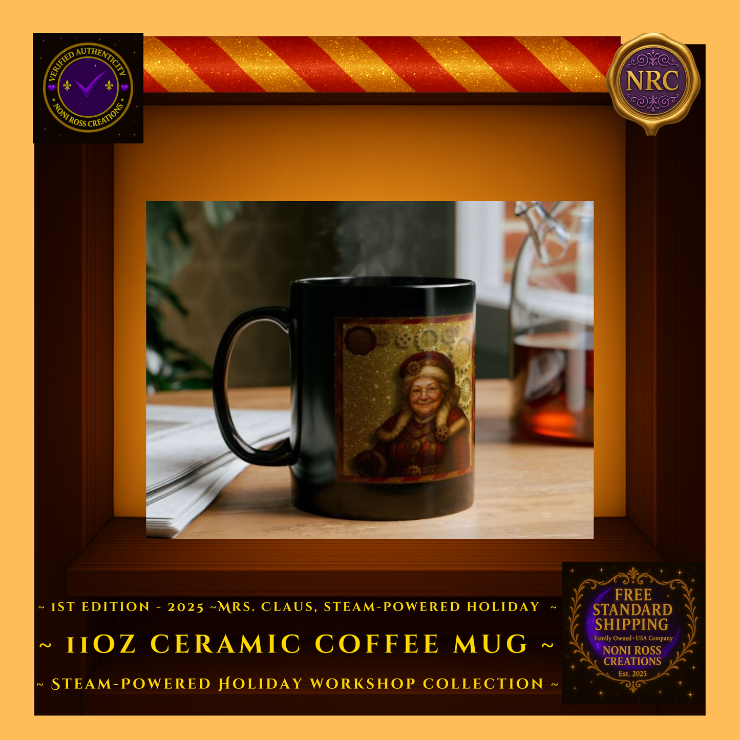 “Mrs. Claus steampunk 1st Edition mug styled with holiday décor in gold cubby layout”
