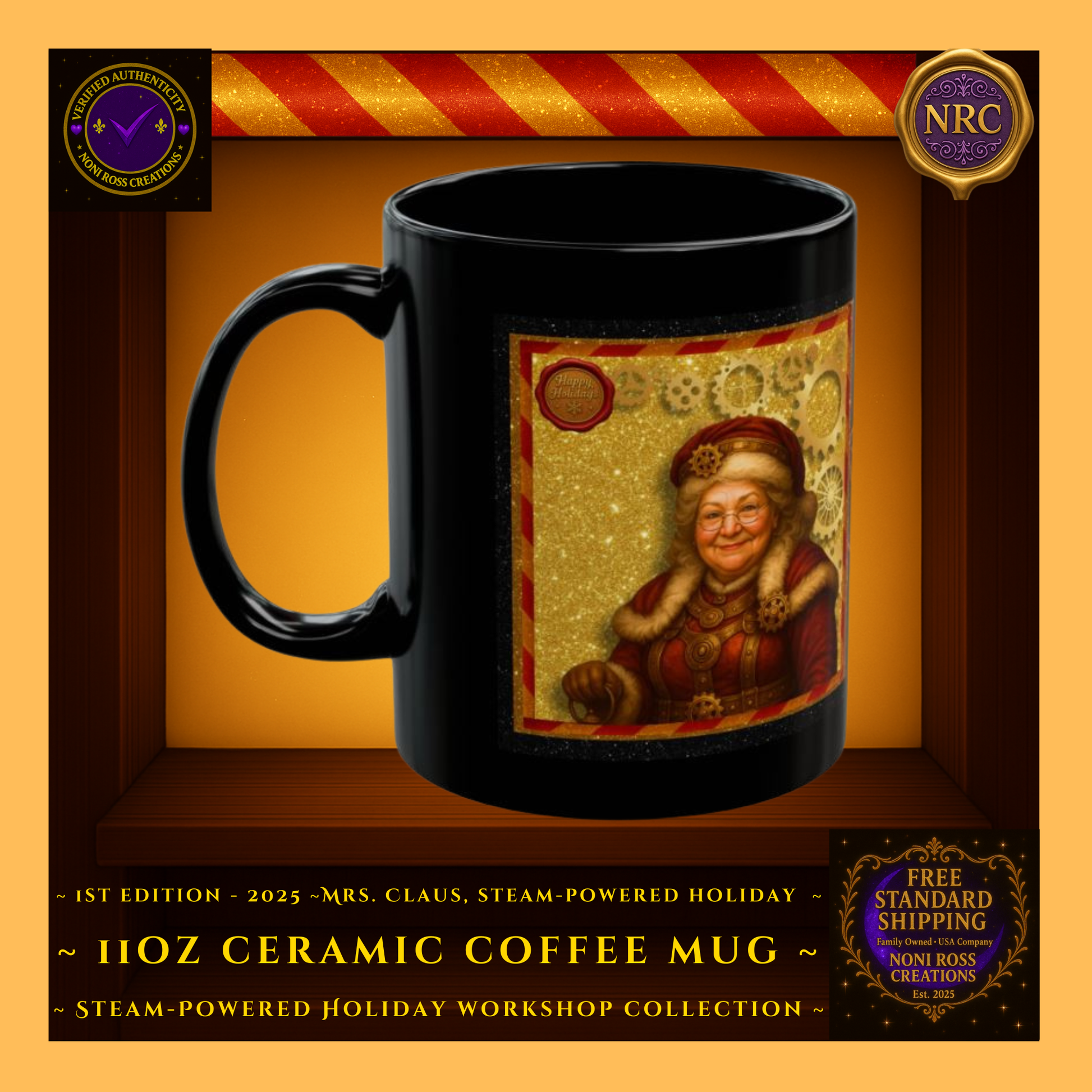 Gold cubby – left view of 1st Edition 2025 Steam-Powered Holiday Mrs. Claus black ceramic coffee mug, steampunk gears and holly trim wrapping around artwork.