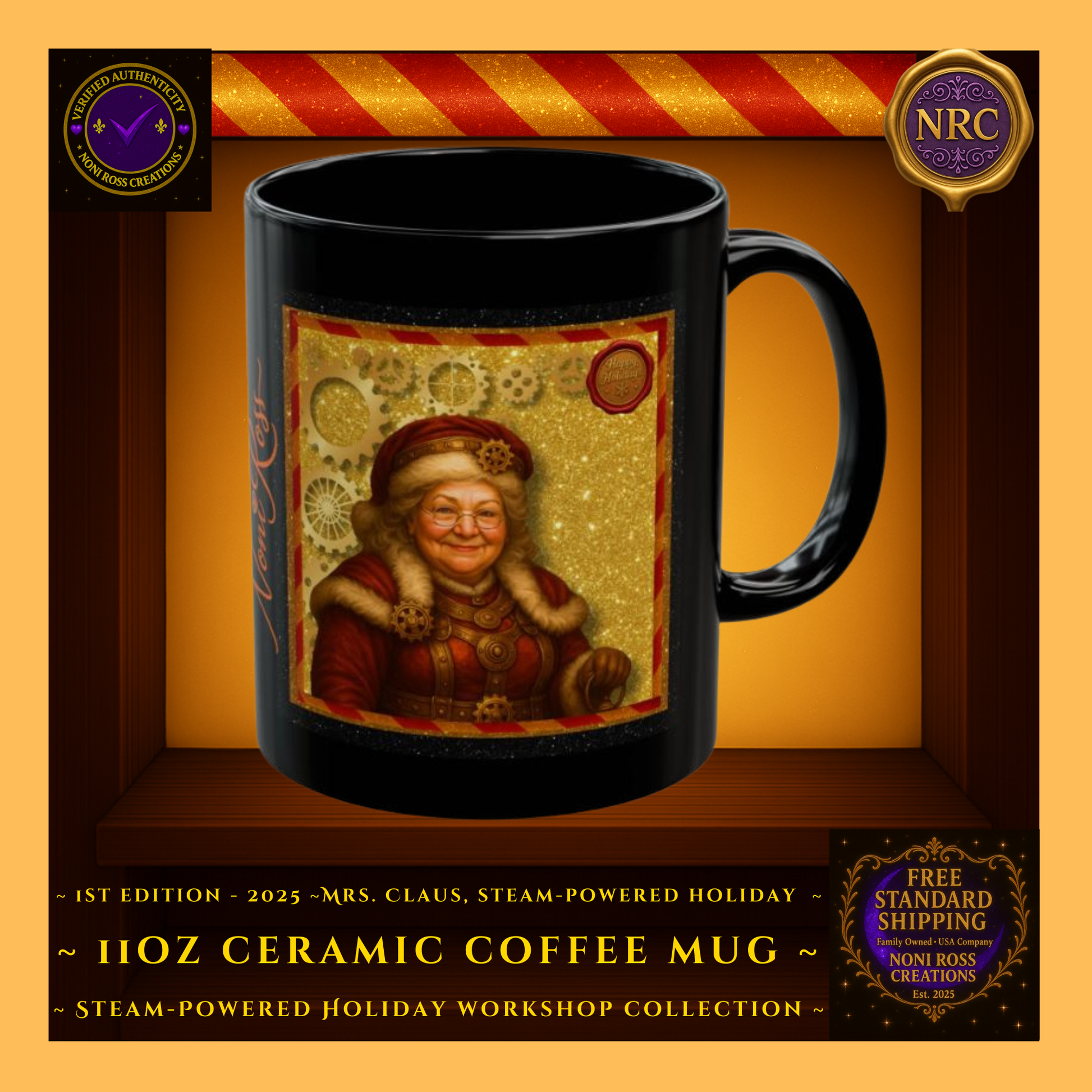 Mrs. Claus 1st Edition 2025 steampunk holiday mug surrounded by gold gears and festive frame – Noni Ross Creations