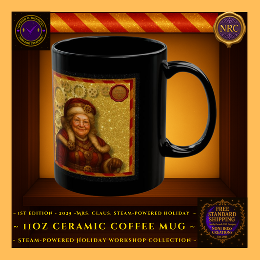 Gold cubby – right view of 1st Edition 2025 Steam-Powered Holiday Mrs. Claus 11oz mug, golden glitter background with gears and NRC branding along the rim.