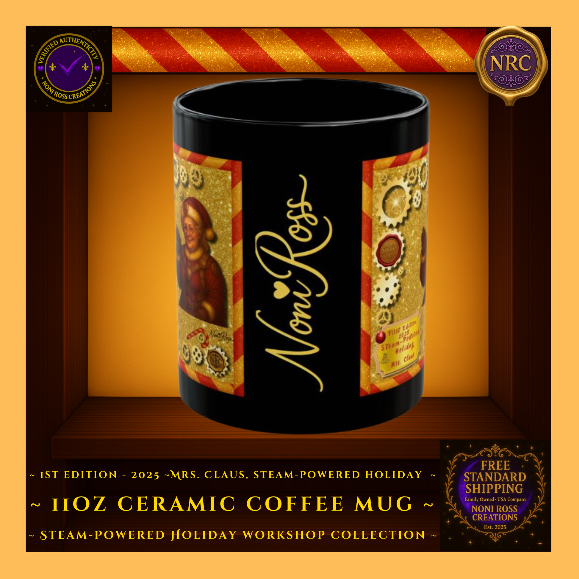 Noni Ross Creations signature detail on the 1st Edition Mrs. Claus steampunk holiday mug