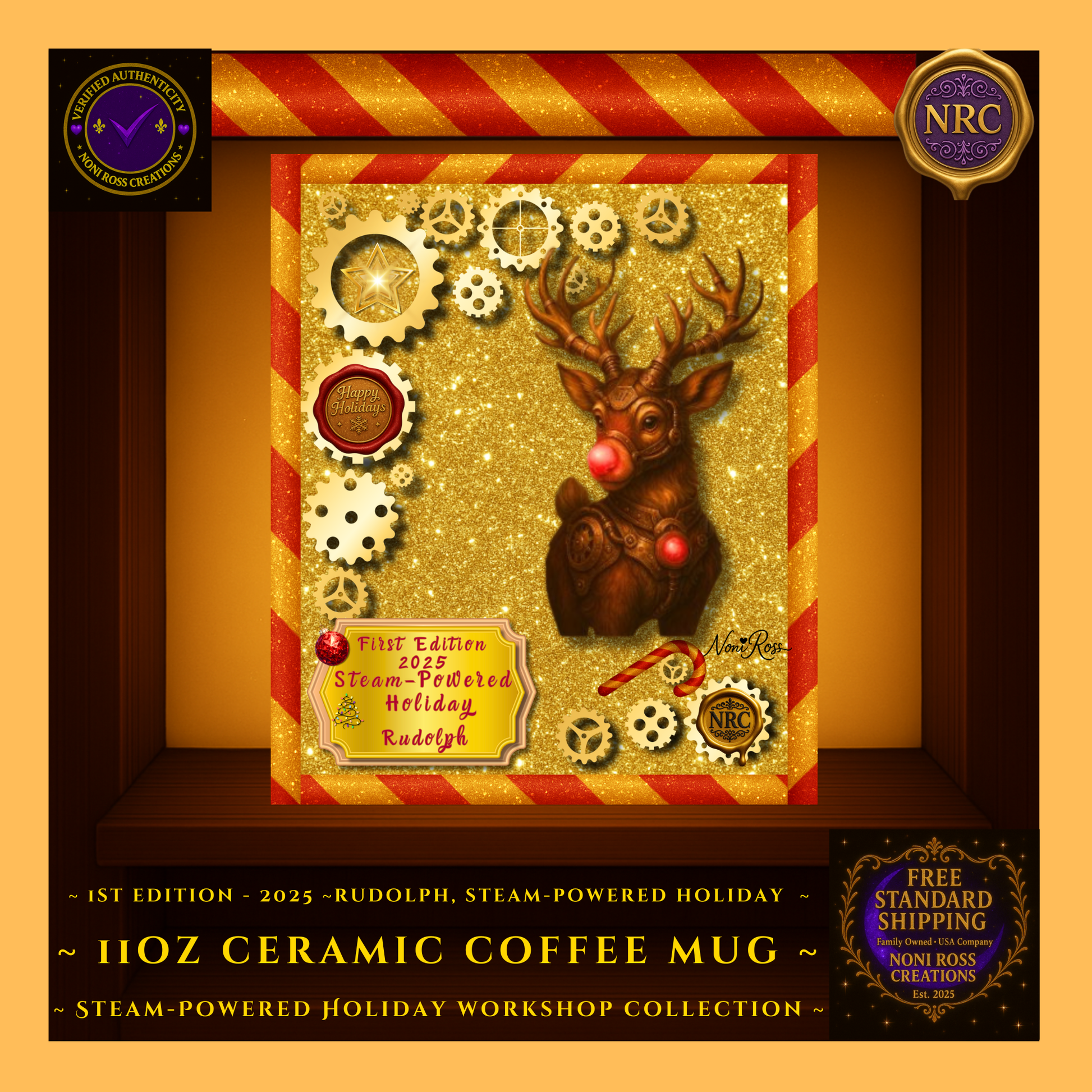 Gold Cubby Close-Up – First Edition 2025 gold holiday nameplate for Rudolph mug with festive lettering and ornament badge