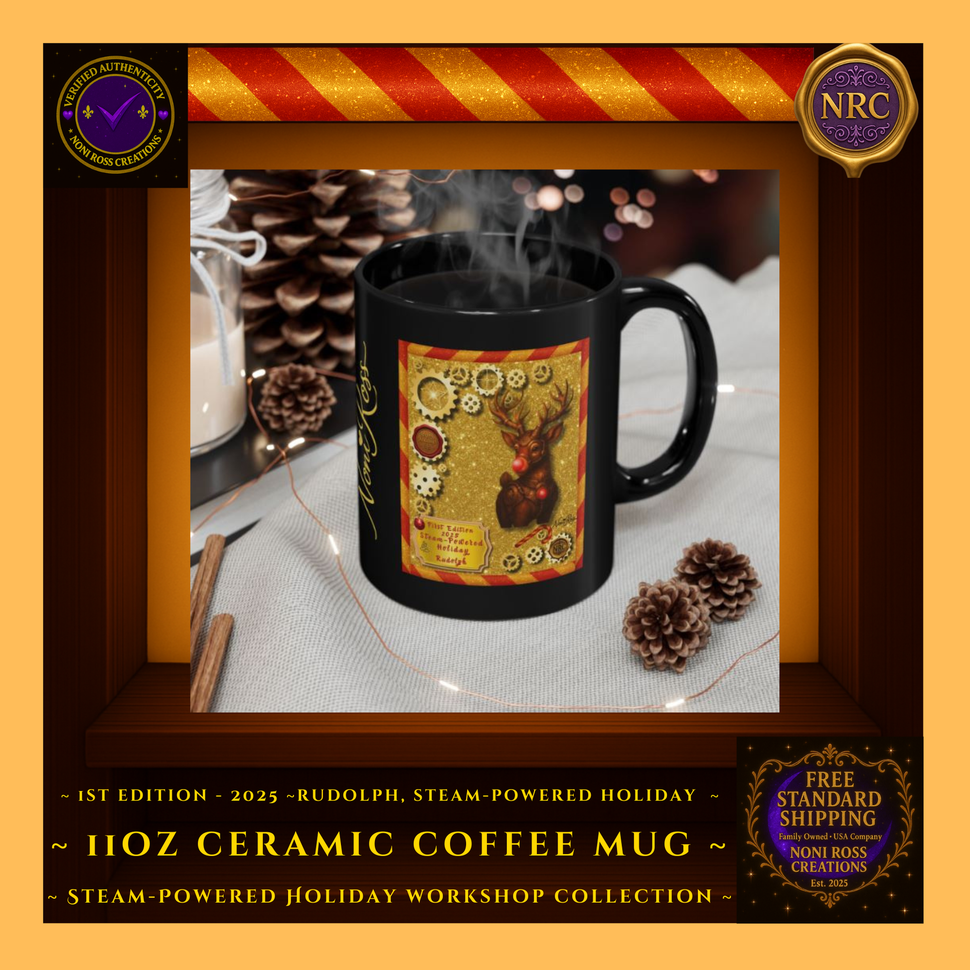 Lifestyle Image 2 Gold Cubby – Steampunk Rudolph mug staged with Christmas ornaments and cozy cocoa scene